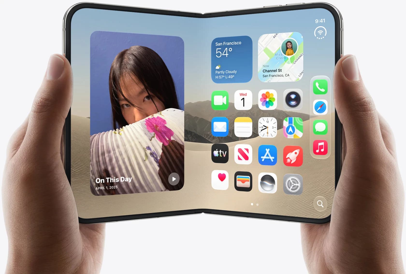 An open iPhone Duo held in two hands, showing its large folding inner display.