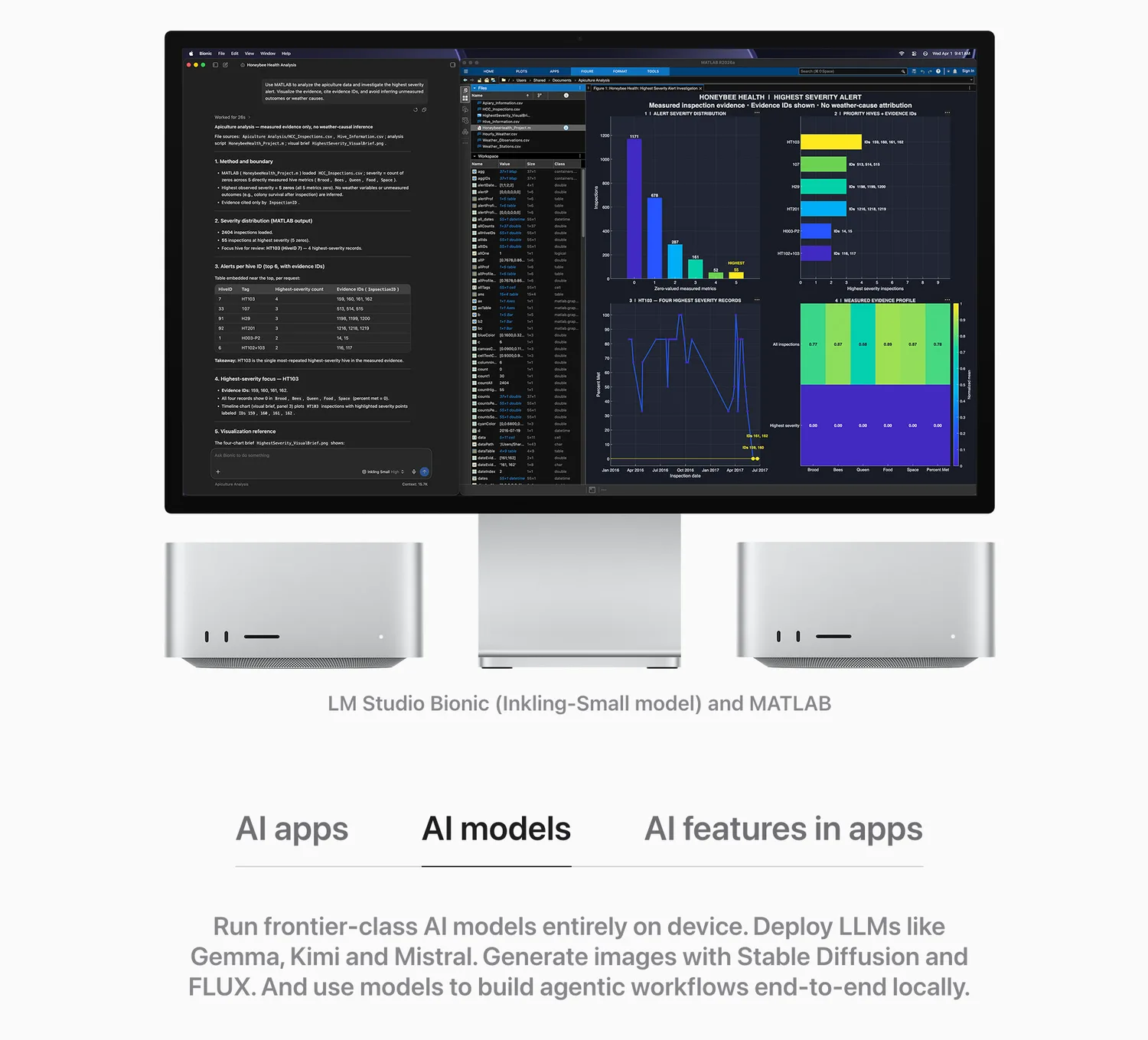 Three Mac Studio machines running local AI models in LM Studio Bionic and MATLAB