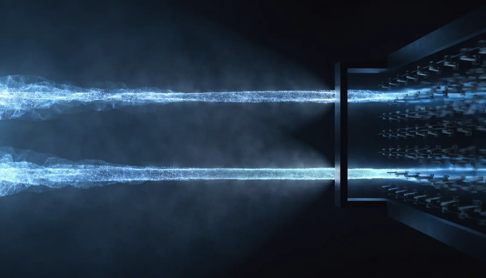 An illustration of two identical beams crossing a dark frame, the upper one stopping flat against a matte plane and the lower one passing through an open gate into a set of moving mechanical linkages.