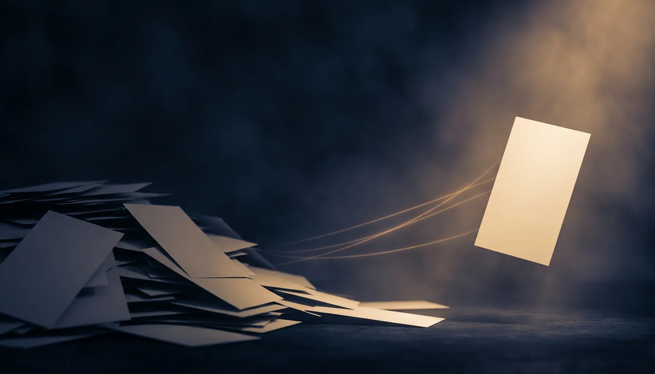 An illustration of a heap of identical blank paper slips spilling across a dark surface on the left, and on the right a single sheet of the same paper raised upright in a shaft of warm light, with three thin lines connecting it back to particular slips in the heap.