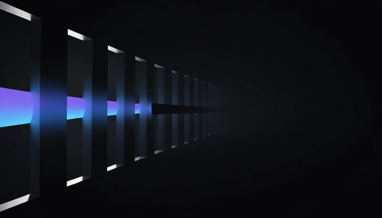 An illustration of a receding row of tall apertures cut into a dark plane, a beam passing cleanly through the open ones and stopping dead against one that is sealed flat, with the row continuing into shadow beyond it.