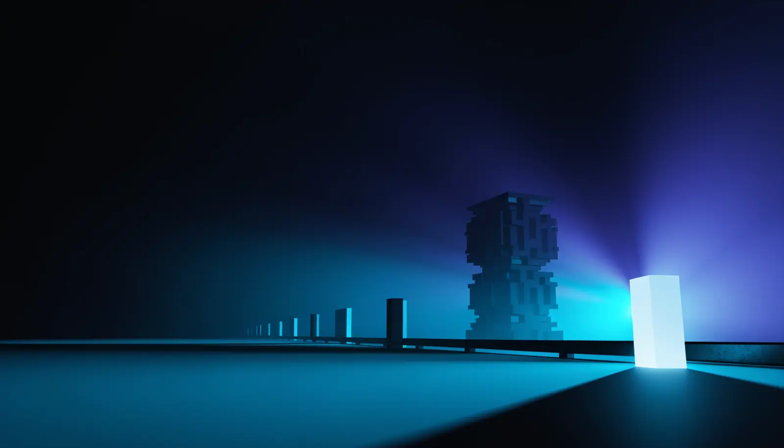 An illustration of a row of upright objects of very different sizes along a receding rail, the largest and most detailed dim at the back, the smallest and plainest at the front and brightly lit, casting a shadow far longer than any other in the frame.