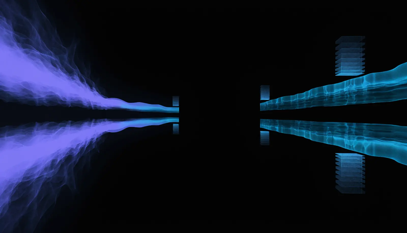 An illustration of one wide beam entering at the left and separating into four channels of different widths, each ending in its own small stack of thin plates.