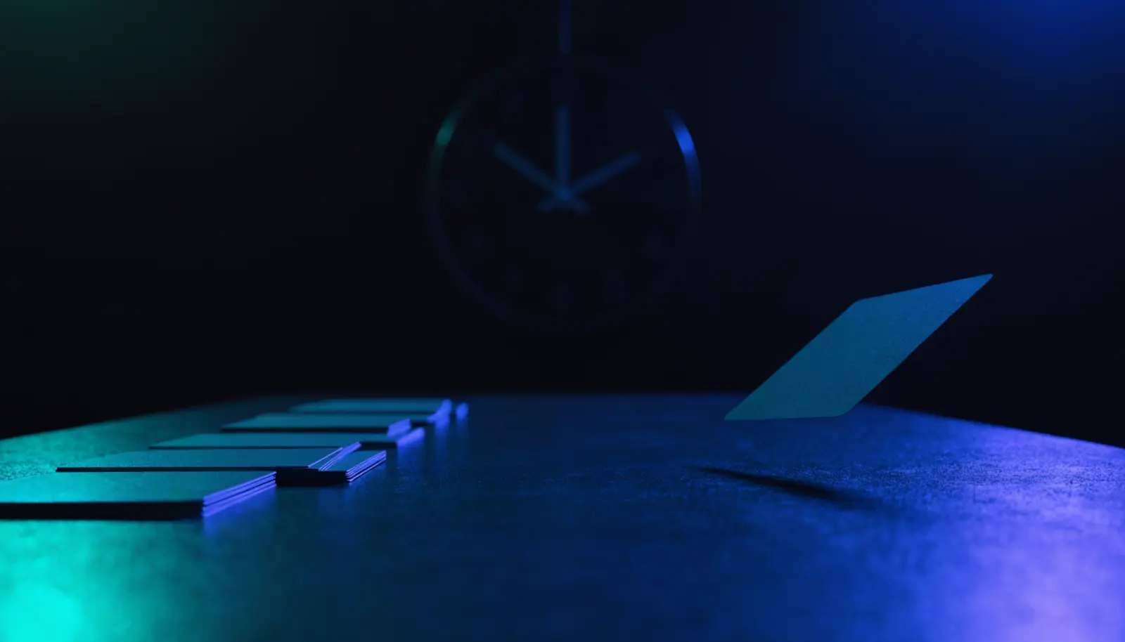 An illustration of a dark table with a stack of face-down cards at one end and a single lit card at the other, and a numeral-free clock face hanging in the darkness behind.