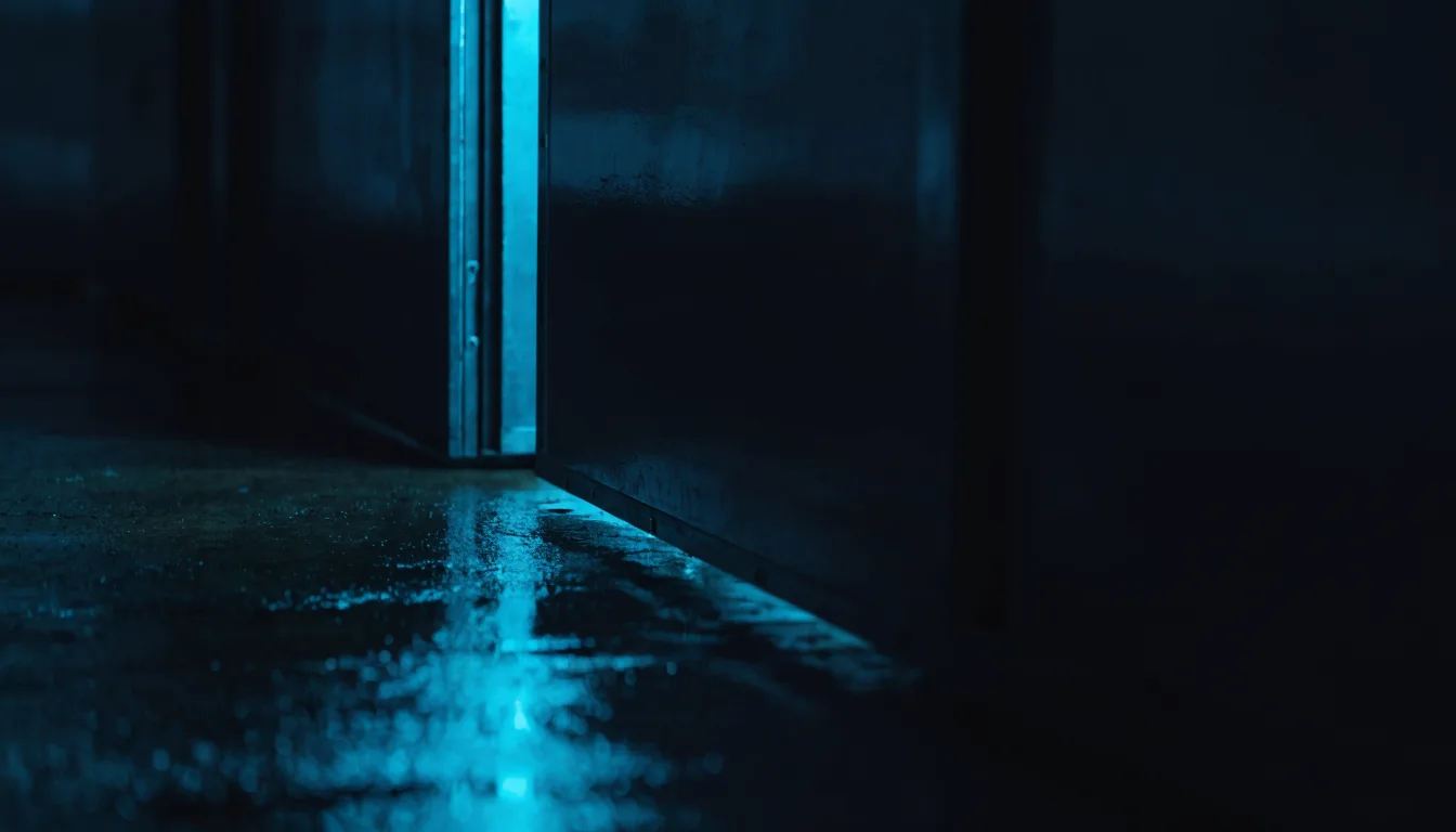 An unlocked steel hatch standing ajar in a dark wall with cold cyan light spilling through