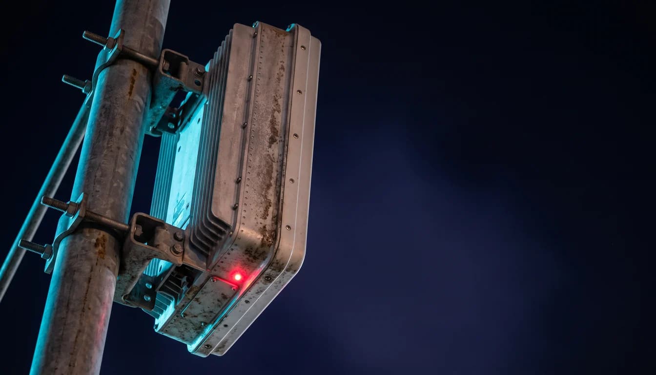 A cellular antenna unit mounted on a mast, seen from below against a near-black night sky, edge-lit in cyan with a single red status light on the housing.