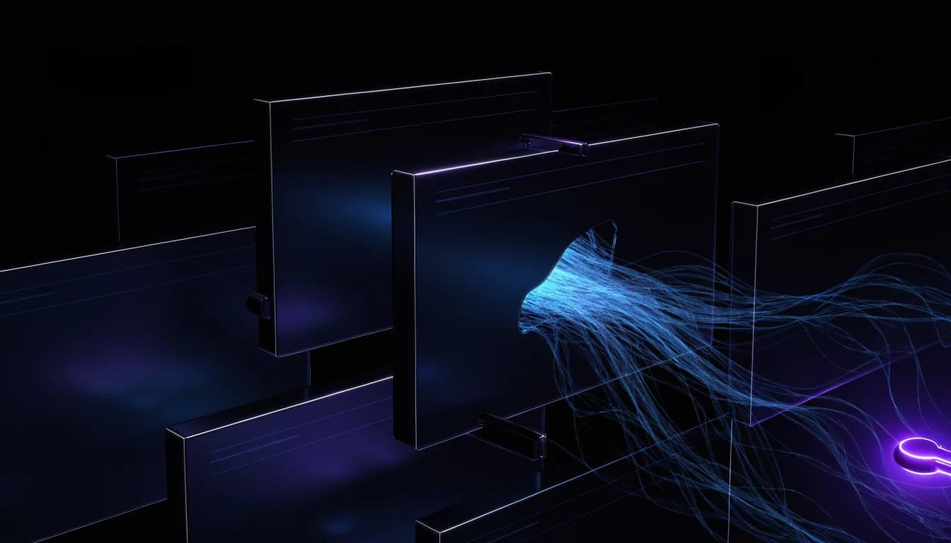 Dark browser panes with cyan data ribbons reaching toward a floating key lit in violet