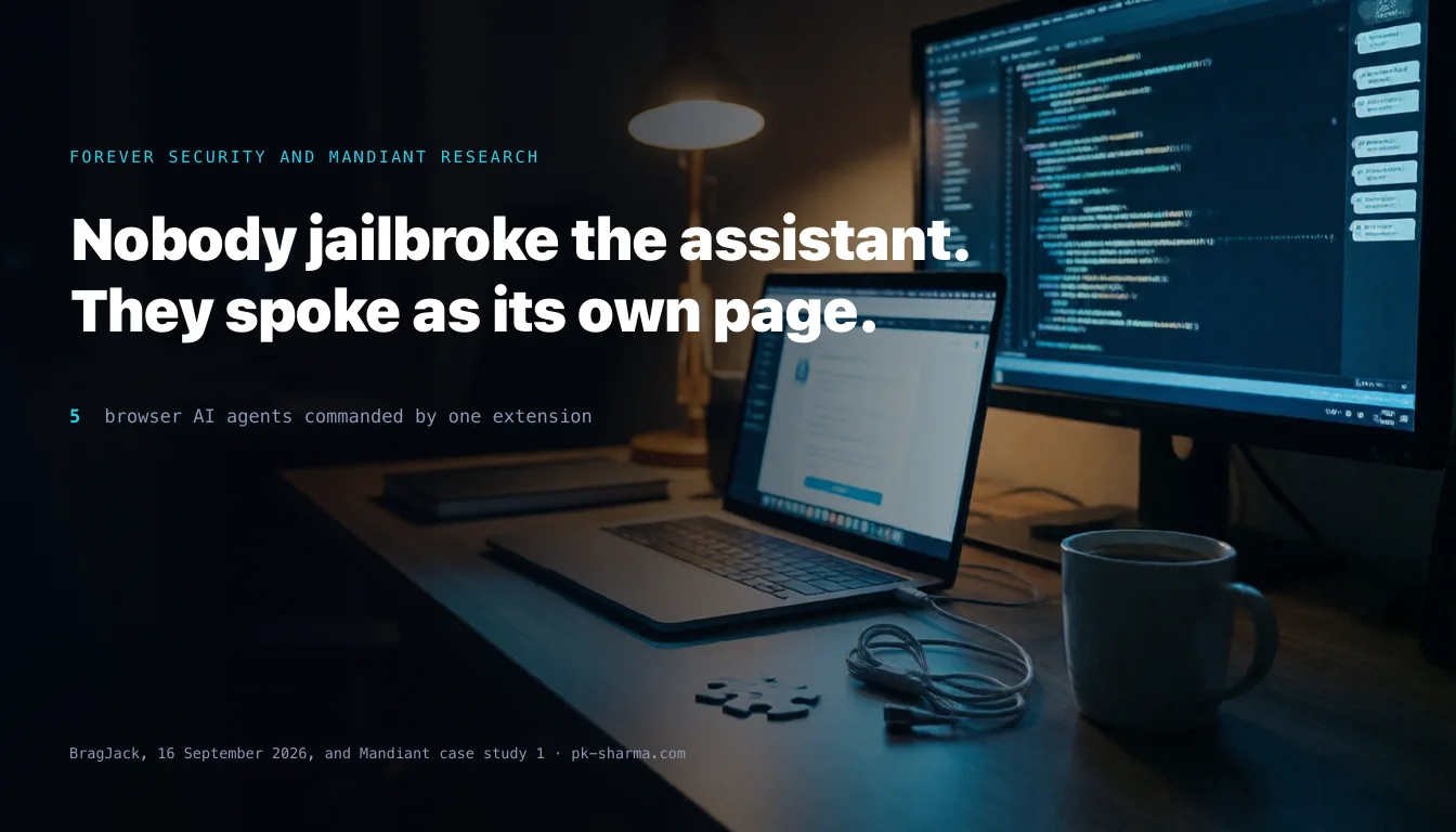 A software developer’s desk at night with nobody present: a large monitor showing a code editor with an assistant chat panel, an open laptop showing a browser with a bright assistant side panel, a desk lamp glowing behind, a mug of coffee, and in the foreground a single jigsaw puzzle piece beside a loose cable.