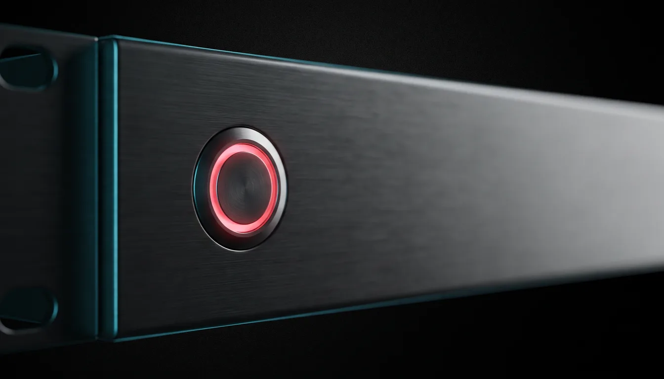 A recessed circular power button ringed in crimson light on the dark brushed-metal front panel of a rack-mounted server, macro close-up, with a cyan edge light down the left side of the chassis.