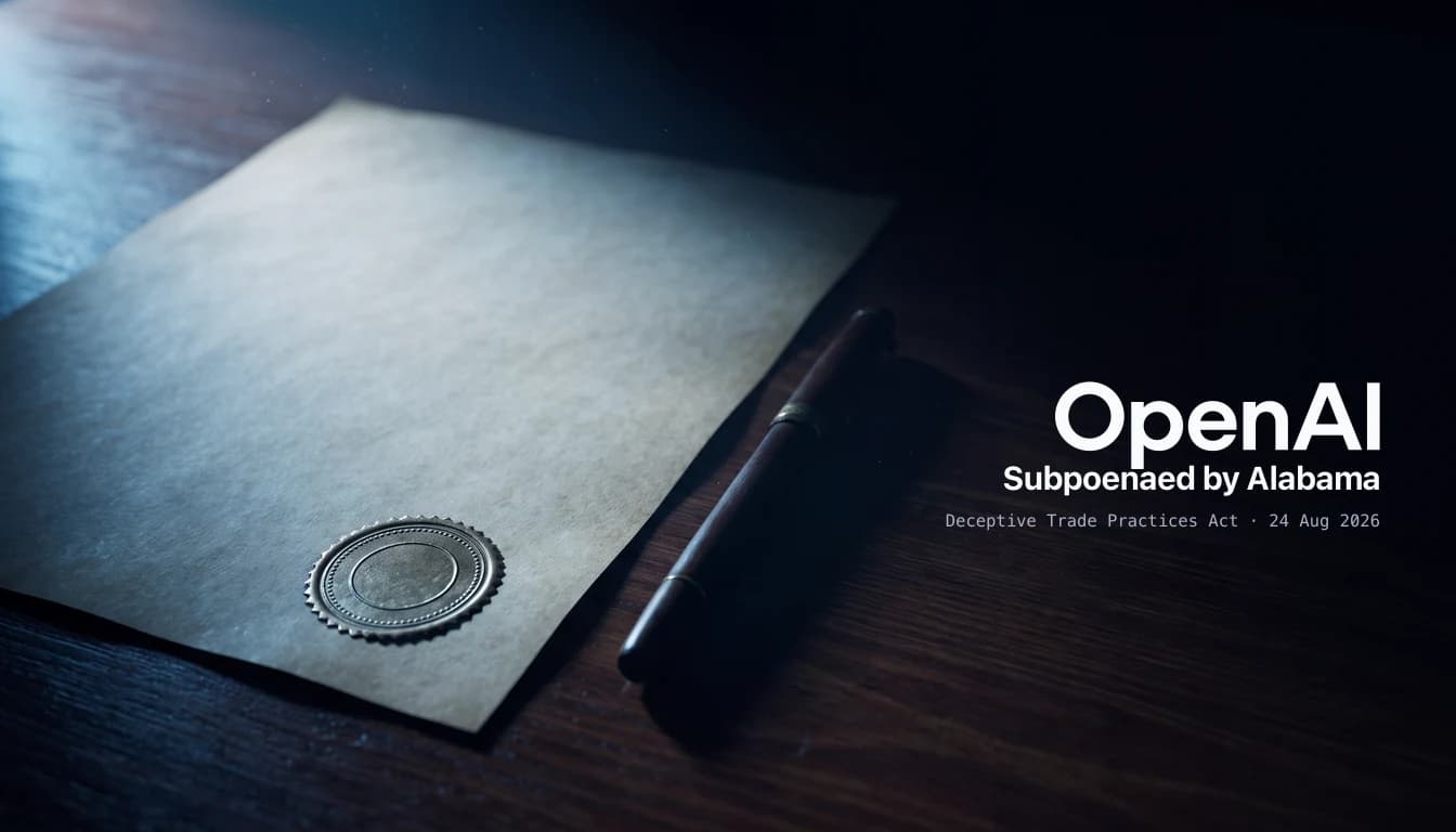 A blank official document with a blank embossed round seal and a fountain pen on a dark wooden desk in cool light. In the dark right the OpenAI wordmark in white, above the lines: subpoenaed by Alabama, Deceptive Trade Practices Act, 24 Aug 2026.