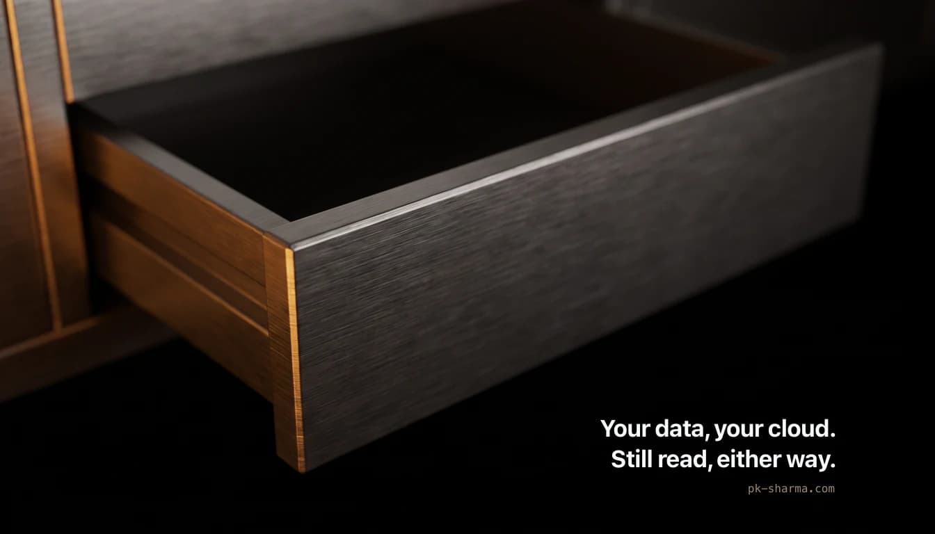 A heavy dark metal storage drawer pulled open in near darkness, its interior an empty black space, a warm brass rail catching the light along its runner. In the dark lower right, the line: your data, your cloud, still read either way.