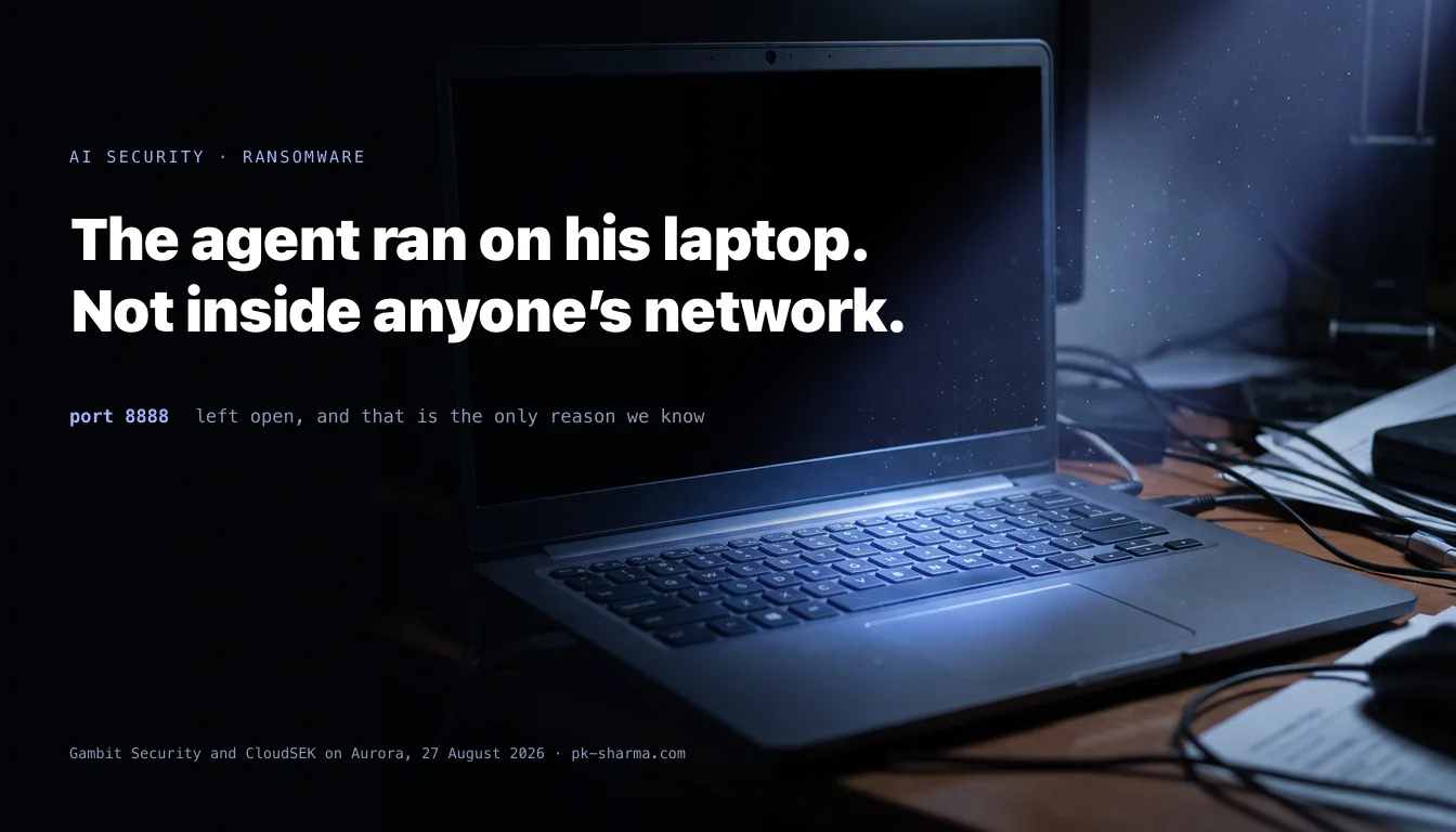 An open laptop with a blank dark screen sitting unattended on a cluttered desk in an unlit room, a shaft of cold light across the keyboard, captioned the agent ran on his laptop, not inside anyone's network, and port 8888 left open