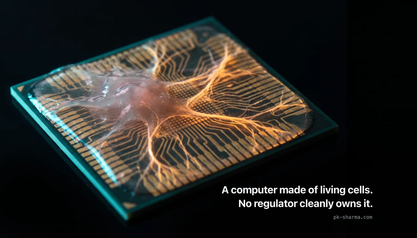 A macro image of a square silicon chip covered in a fine gold microelectrode grid, with a translucent pinkish film of living cultured brain cells spread across it, faint branching filaments glowing warm amber against the cool cyan-lit chip edge and a black background. In the dark lower right, the line: a computer made of living cells, no regulator cleanly owns it.