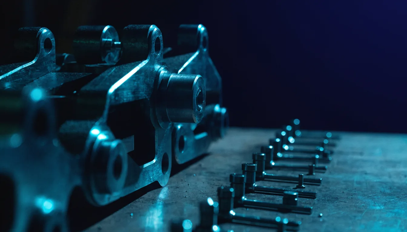 A partially assembled mechanical assembly on a workbench with components laid out beside it under a cyan work light
