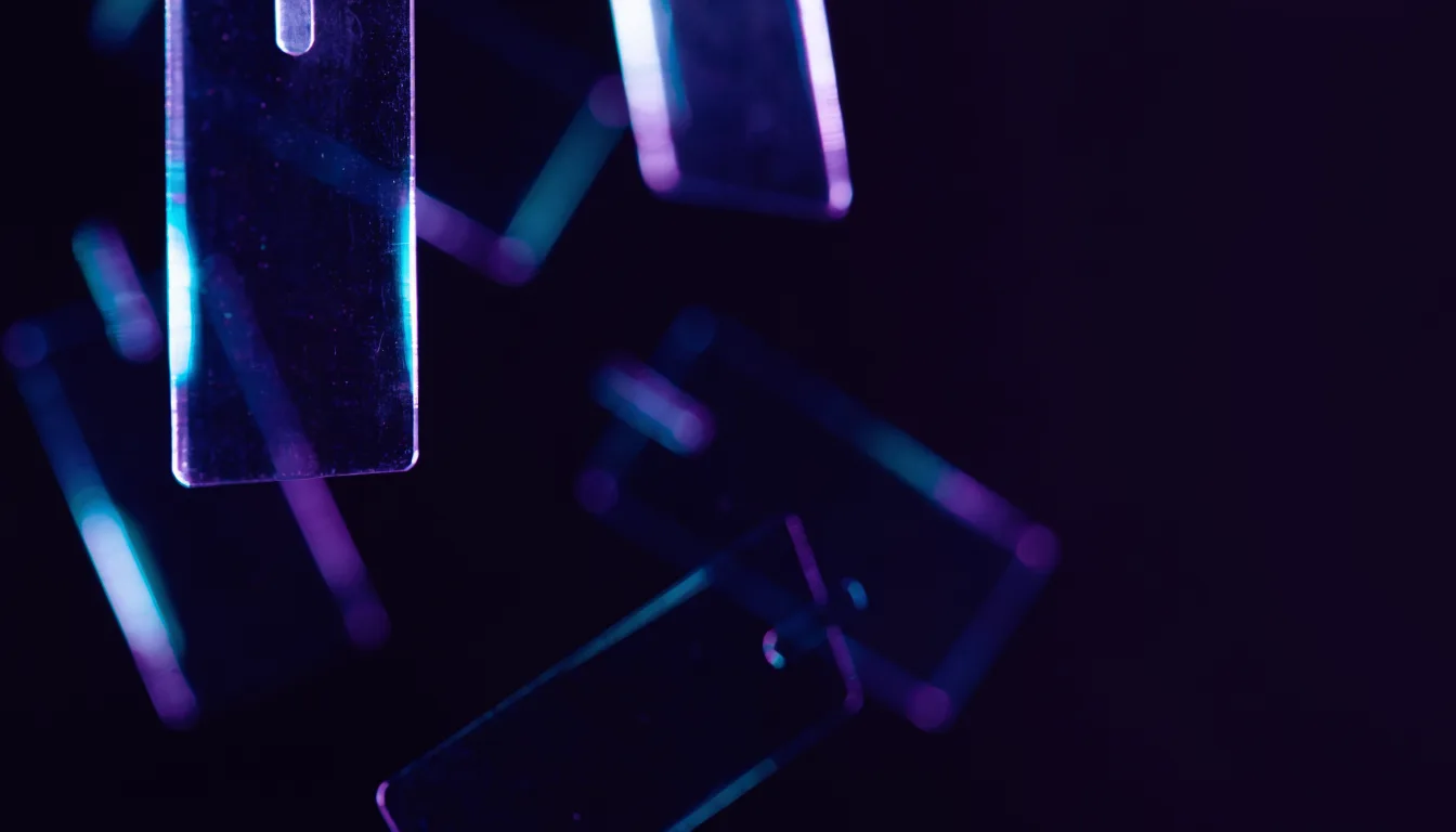 Translucent glass price plates suspended at conflicting angles in dark space, edge-lit in cyan and violet