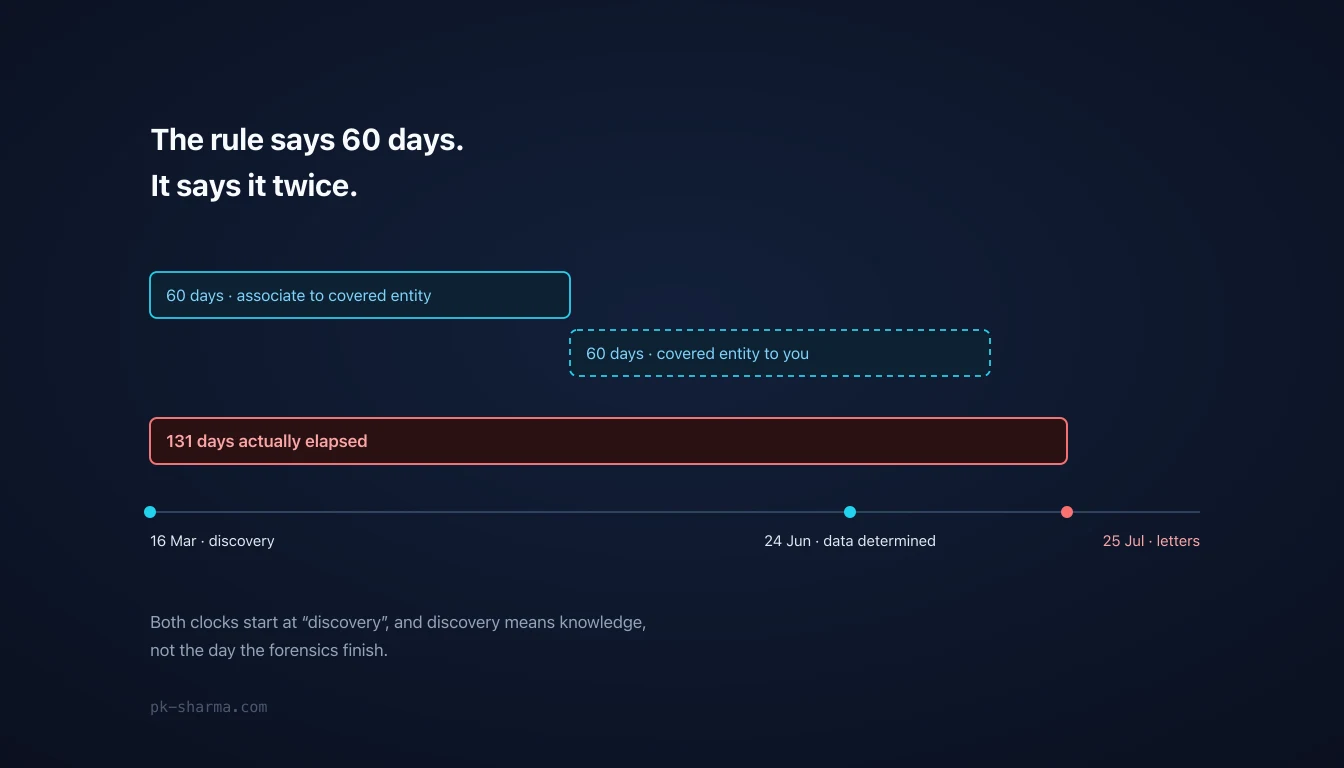 A dark navy chart headed The rule says 60 days, it says it twice. Two cyan outlined bars each labelled 60 days run consecutively, the first from associate to covered entity and the second from covered entity to you. Beneath them a longer red bar reads 131 days actually elapsed. A timeline below marks 16 March discovery, 24 June data determined, and 25 July letters.
