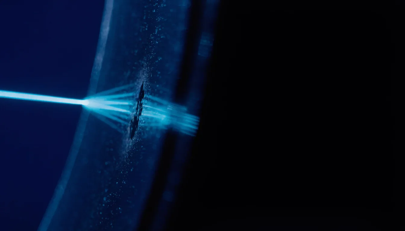 A dark glass panel probed by a single thin cyan beam of light scattering at a flaw