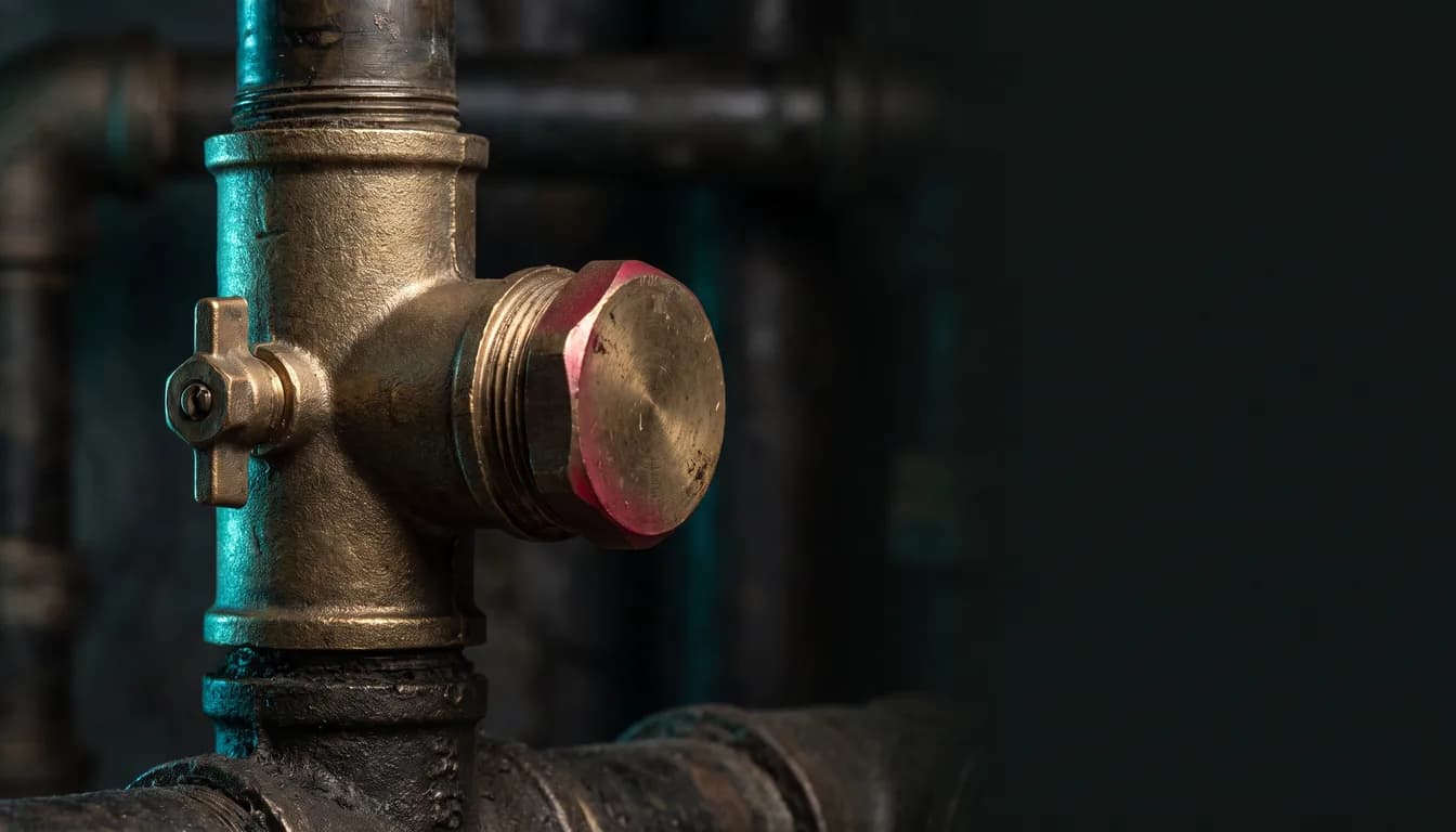 A brass pipe T-junction with one branch sealed by a blank cap, macro close-up against dark industrial pipework, the pipes edge-lit in cyan and the capped branch catching crimson light.