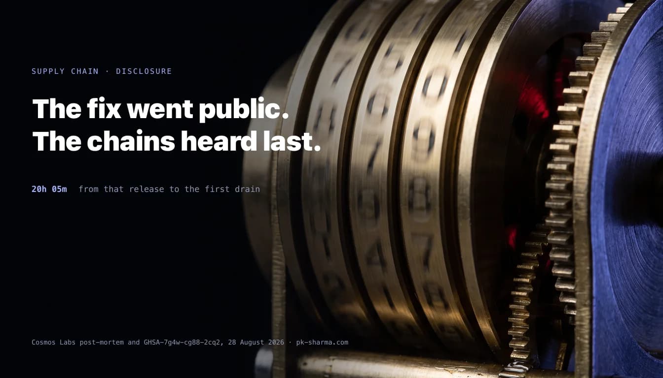 A brass mechanical counter drum caught mid-rotation in deep shadow, captioned: the fix went public, the chains heard last. 20 hours 5 minutes from that release to the first drain.