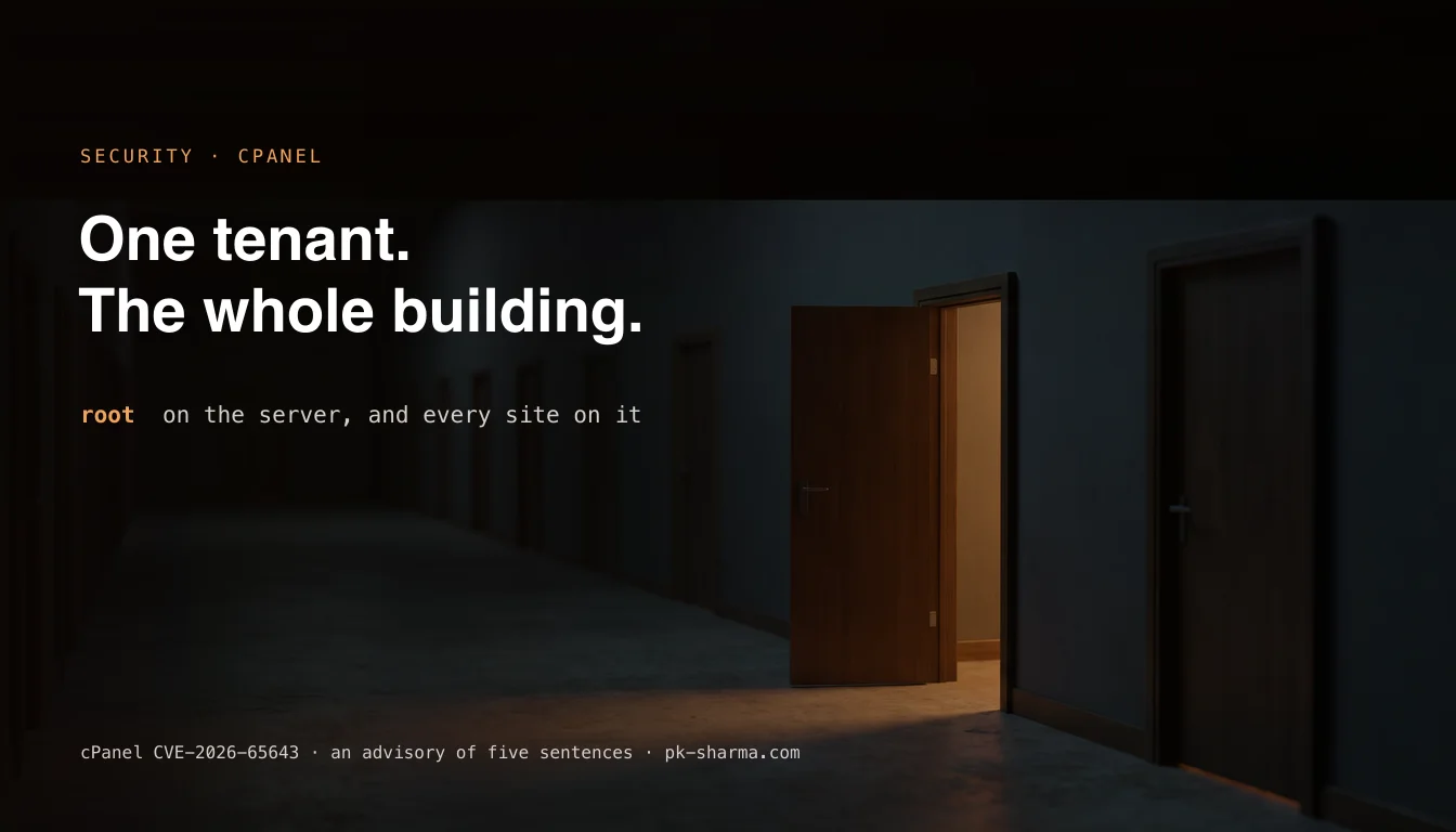 A long dark corridor of identical closed doors with one standing open and warm orange light spilling out, captioned one tenant, the whole building, root on the server and every site on it