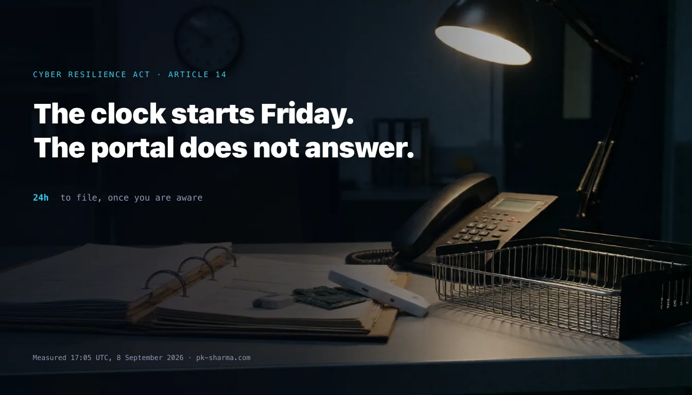 A product compliance officer's desk late at night: a thick ring-bound regulatory dossier lying open with tabbed dividers, a small unbranded white connected sensor with its casing lifted off to expose a green circuit board, a desk telephone with the handset off its cradle, and an empty wire mesh in-tray, lit by a single desk lamp with a plain wall clock indistinct in the shadows behind.