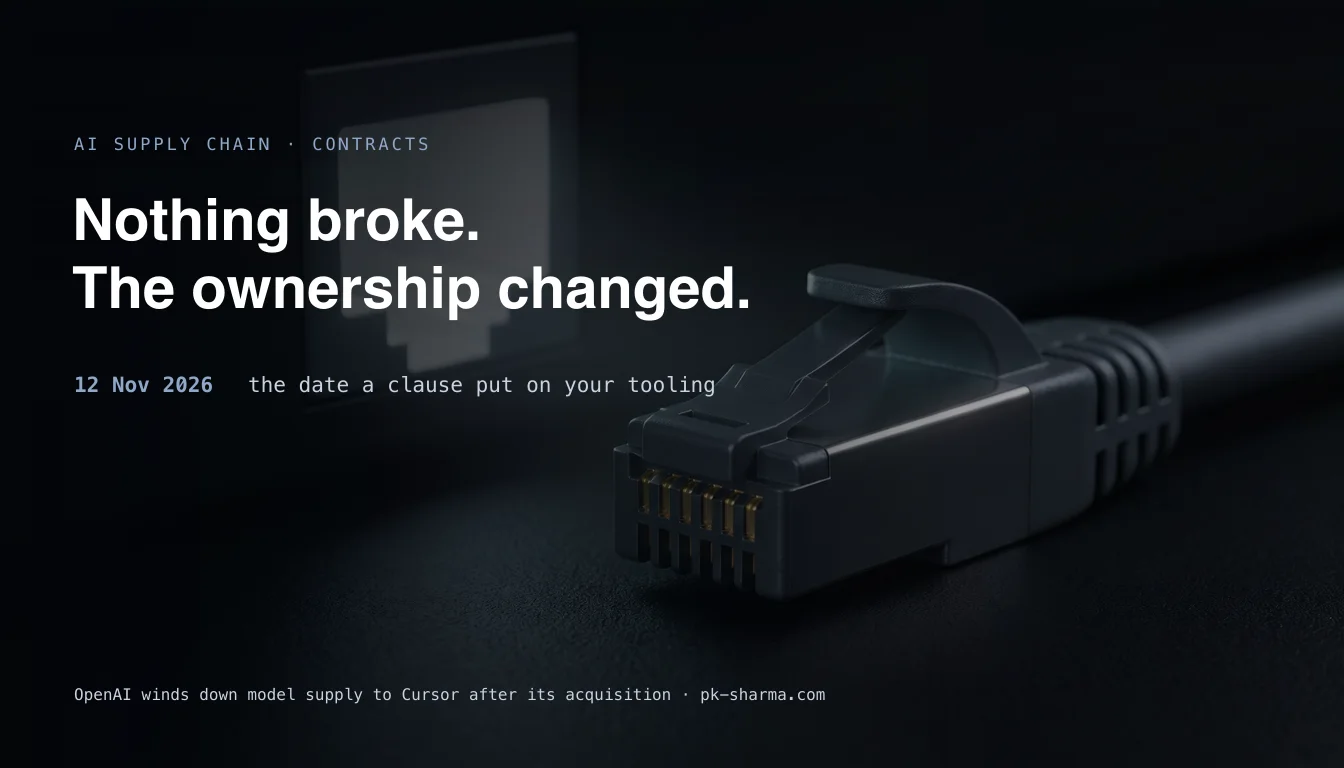 A network cable connector lying unplugged on a dark surface with its empty socket still faintly lit behind it, captioned nothing broke, the ownership changed, and 12 November 2026 as the date a clause put on your tooling