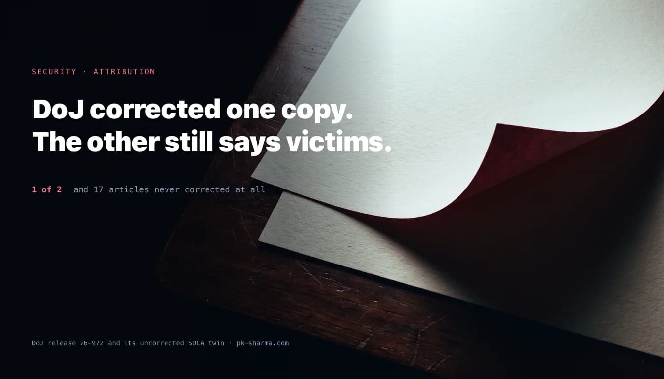 Two identical blank sheets of heavy cream paper on a dark desk, the top one curling to reveal the copy beneath, captioned DoJ corrected one copy, the other still says victims, one of two, and 17 articles never corrected at all