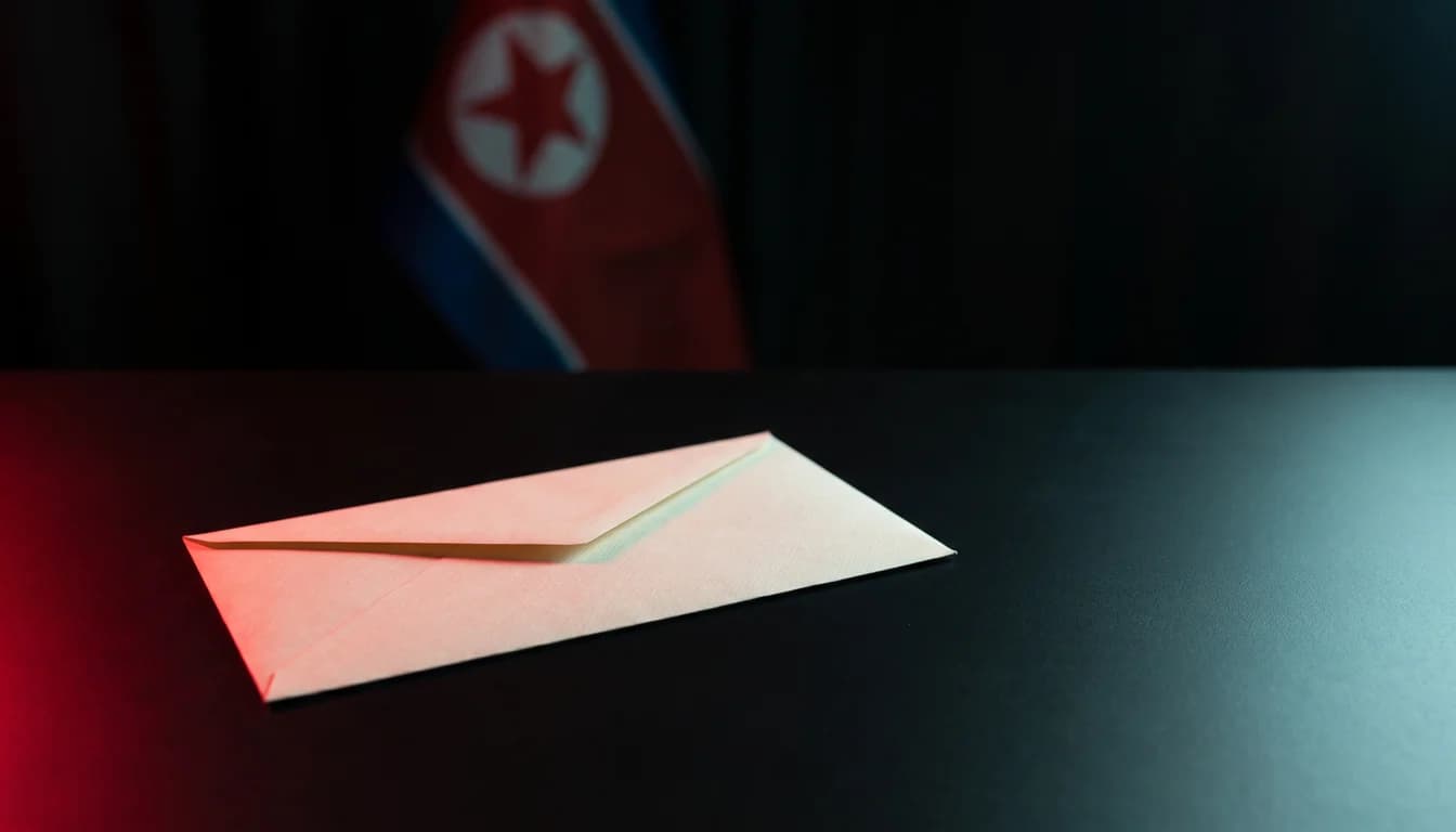 A sealed cream business envelope on a dark desk, lit by a crimson rim light, with the flag of North Korea hanging blurred in deep shadow behind it.