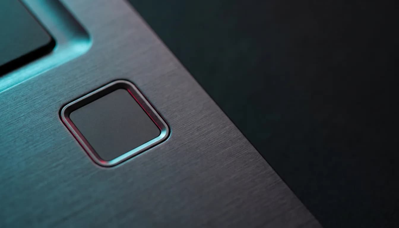 A square fingerprint reader sensor set into the brushed dark deck of a laptop, macro close-up beside the corner of a trackpad, ringed in crimson light against near-black.