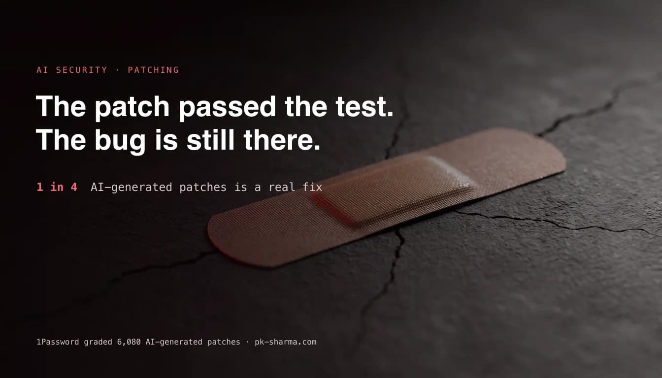 A small adhesive plaster stuck over a crack that clearly continues past both its ends, on a dark surface under crimson light, captioned the patch passed the test, the bug is still there, 1 in 4 AI-generated patches is a real fix