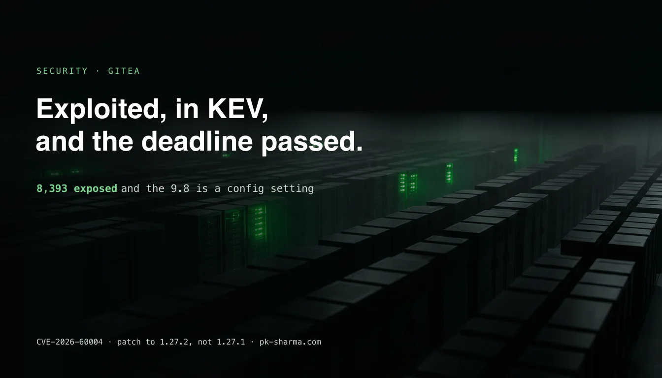 A dark server room with rows of racks, a scattered subset lit with green status lights, captioned exploited, in KEV, and the deadline passed, with 8,393 exposed and the 9.8 described as a config setting