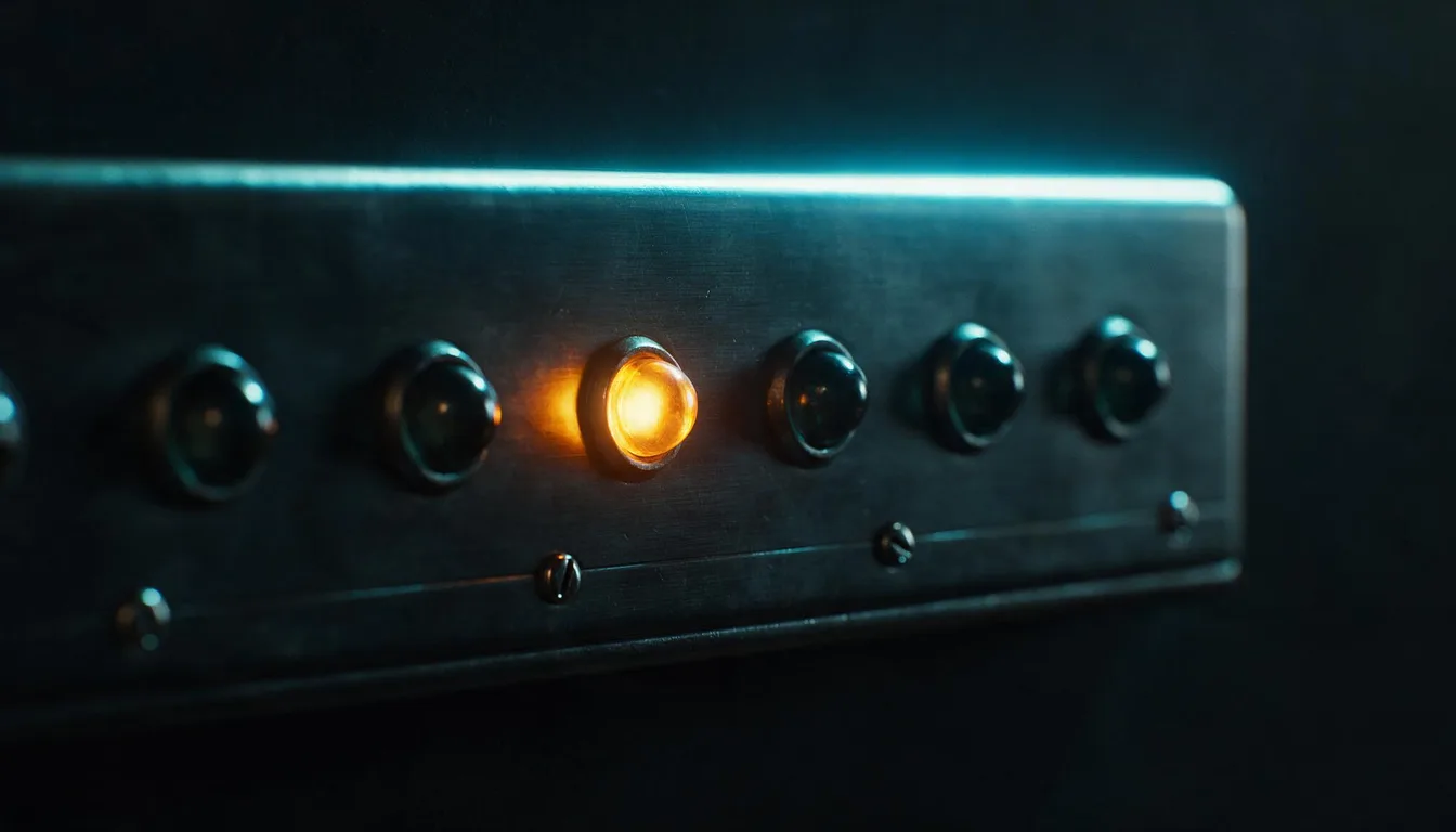 A row of small round indicator lamps set into a dark brushed metal control panel, most of them unlit and one glowing amber, macro close-up at a shallow angle with a cyan edge light running along the top of the panel.