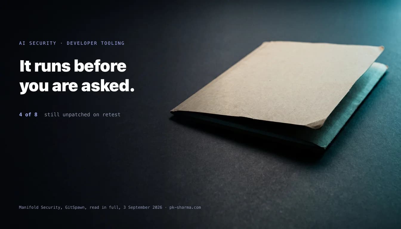 A plain manila card folder lying on a vast matte charcoal surface, its cover lifted slightly ajar so a shallow dark gap shows between the covers, lit by a cold cyan rim light from the right. The folder is entirely unlabelled.
