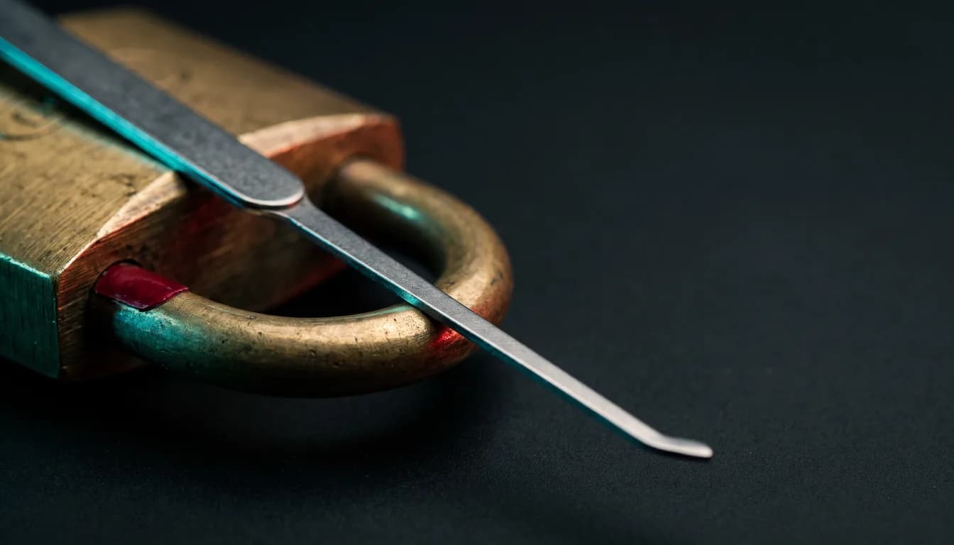 A slender steel lock pick lying diagonally across the closed brass shackle of a padlock, macro close-up on a near-black surface, the pick edge-lit in cyan and a small crimson highlight on the lock body.
