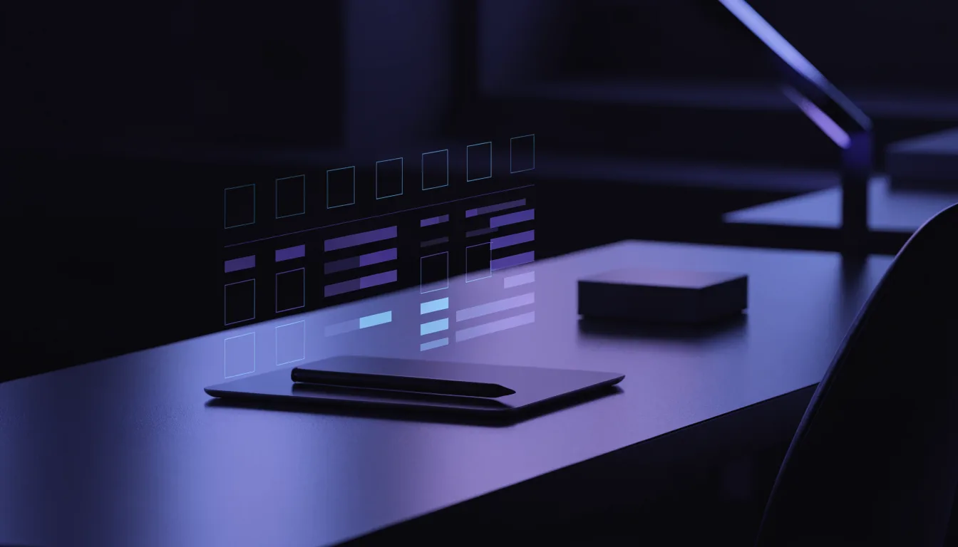 Designer's desk at night with a holographic checklist grid projected in cyan and violet