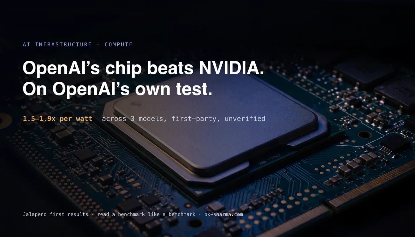 A large silver-lidded AI accelerator chip on a teal circuit board under indigo and amber light, captioned OpenAI's chip beats NVIDIA, on OpenAI's own test, 1.67x per watt on one workload, first-party and unverified