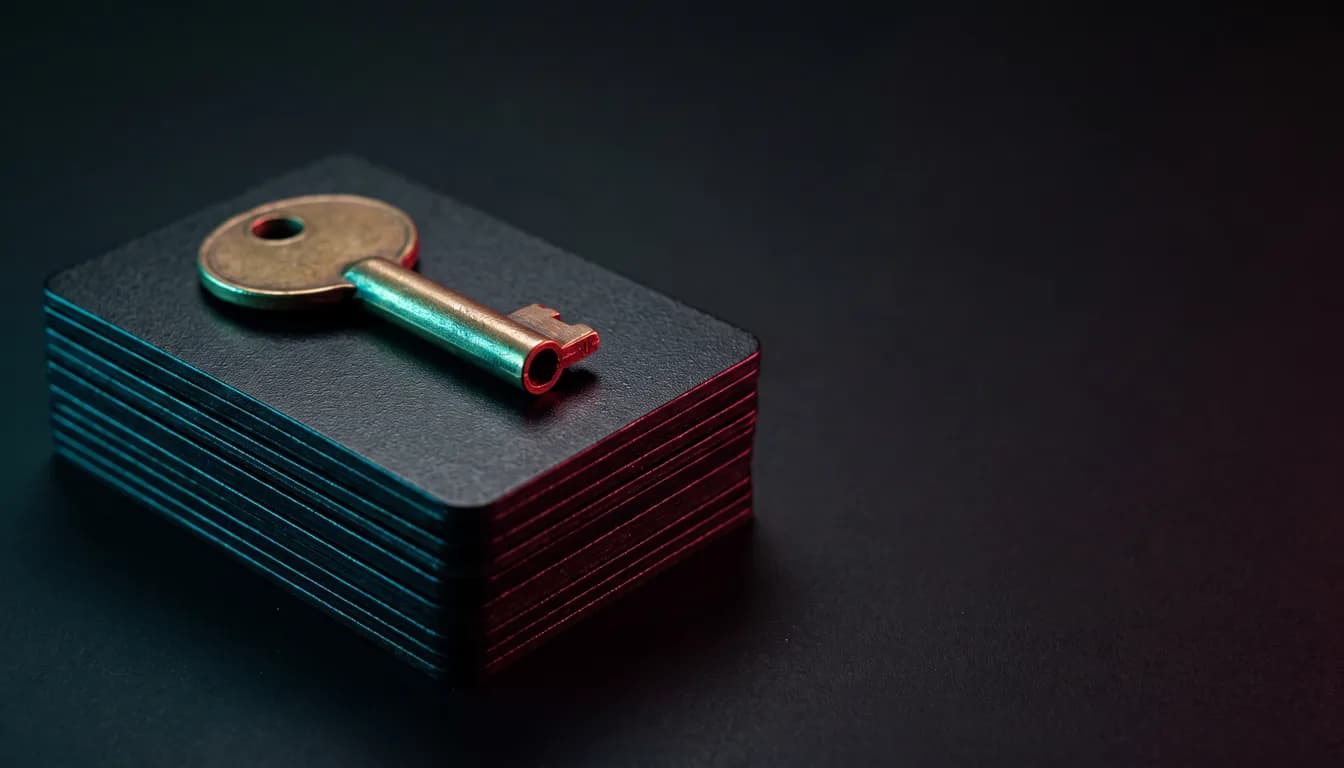 A single brass key resting on a stack of dark rectangular plates, macro close-up on a near-black surface, lit cyan along one side of the stack and crimson along the other.