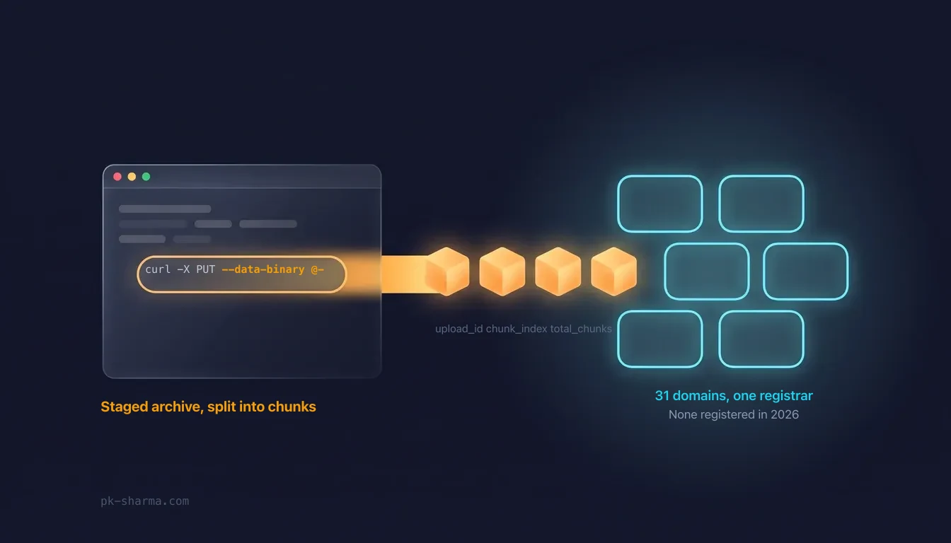 An illustration on a deep navy ground. On the left, a dark terminal window with an amber outlined command line reading curl minus X PUT minus minus data dash binary at dash. A glowing amber bar leaves the window and breaks into four separate cubes, labelled upload id, chunk index and total chunks, flowing toward a loose grid of six identical empty cyan outlined rectangles on the right, labelled 31 domains one registrar and none registered in 2026. A caption under the terminal reads staged archive split into chunks.