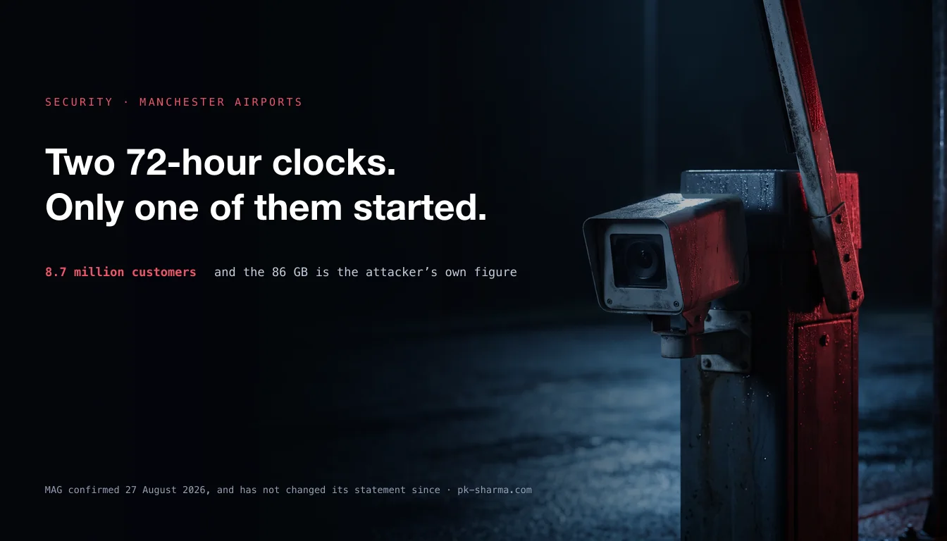 An airport car park barrier arm raised at night beside a weathered number plate recognition camera on its post, wet tarmac below, captioned two 72-hour clocks, only one of them started, and 8.7 million customers