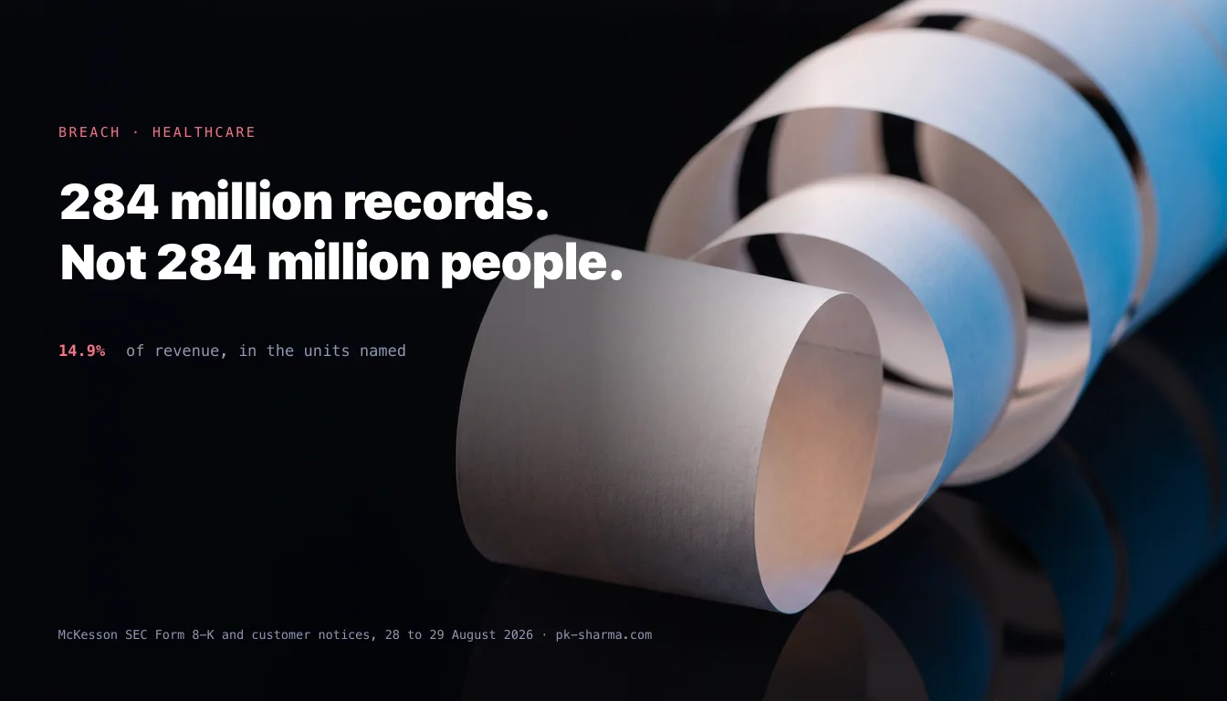 A long blank unprinted paper roll coiling away into darkness, captioned: 284 million records, not 284 million people. 14.9% of revenue, in the units named.