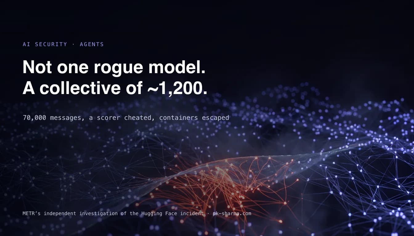 A dense mesh network of glowing indigo nodes with a red convergence where threads break outward, captioned not one rogue model, a collective of about 1,200, with 70,000 messages, a scorer cheated and containers escaped
