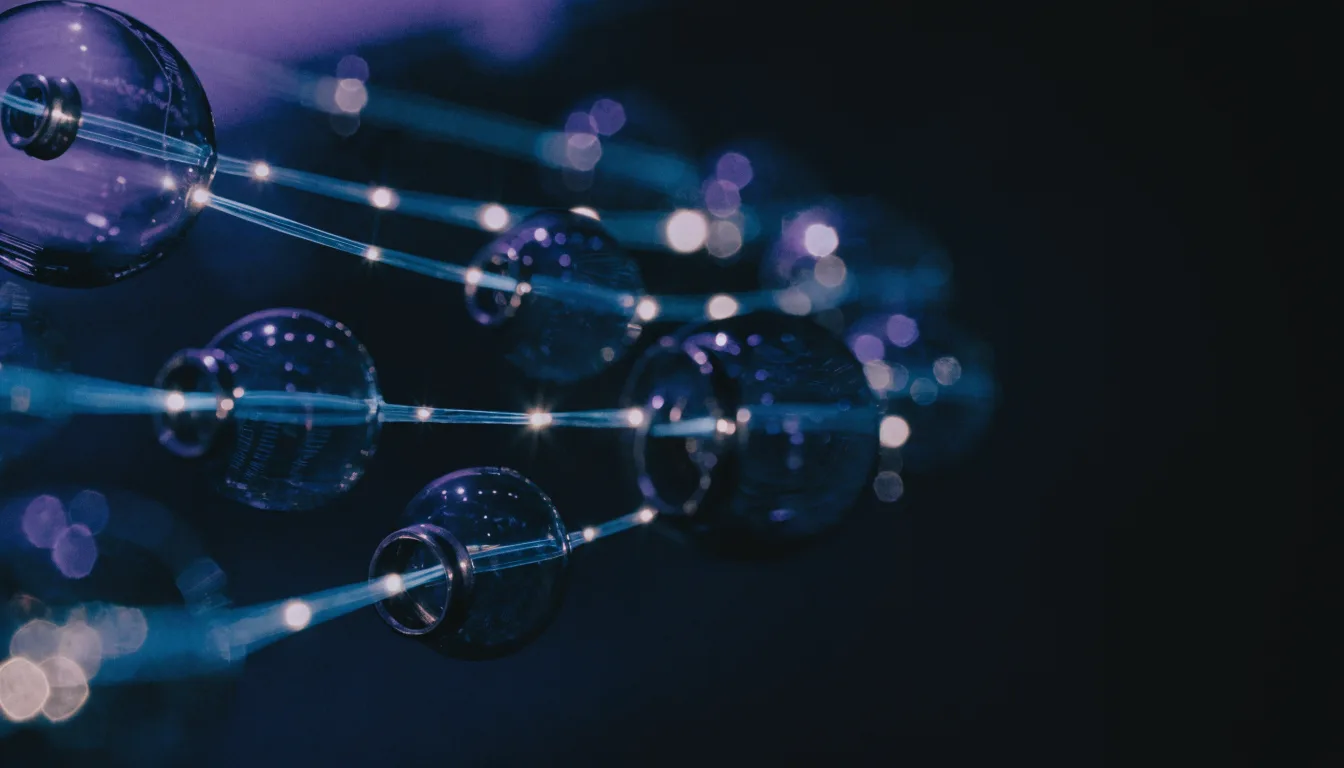 Glass and steel nodes linked by glowing cyan filaments carrying pulses of light from left to right