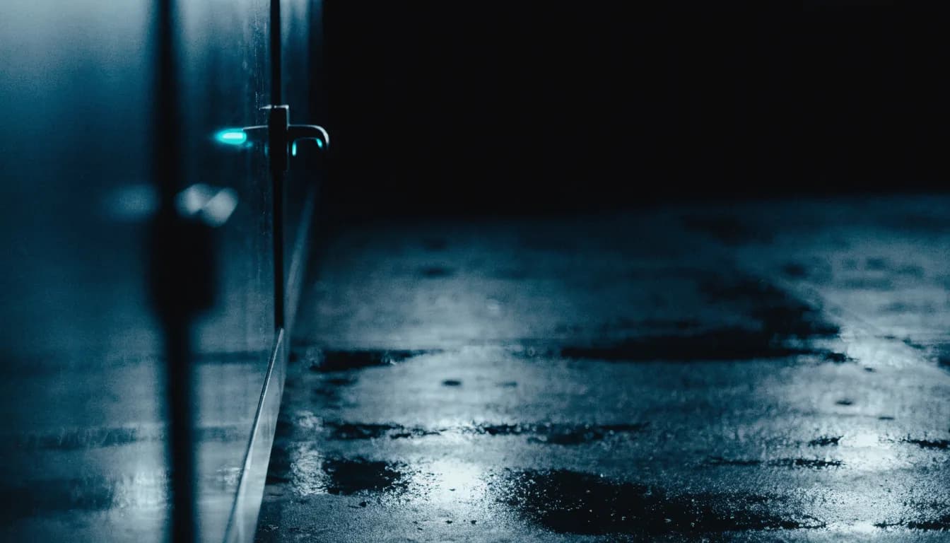 A closed steel server cabinet door with a single cyan indicator light beside the latch