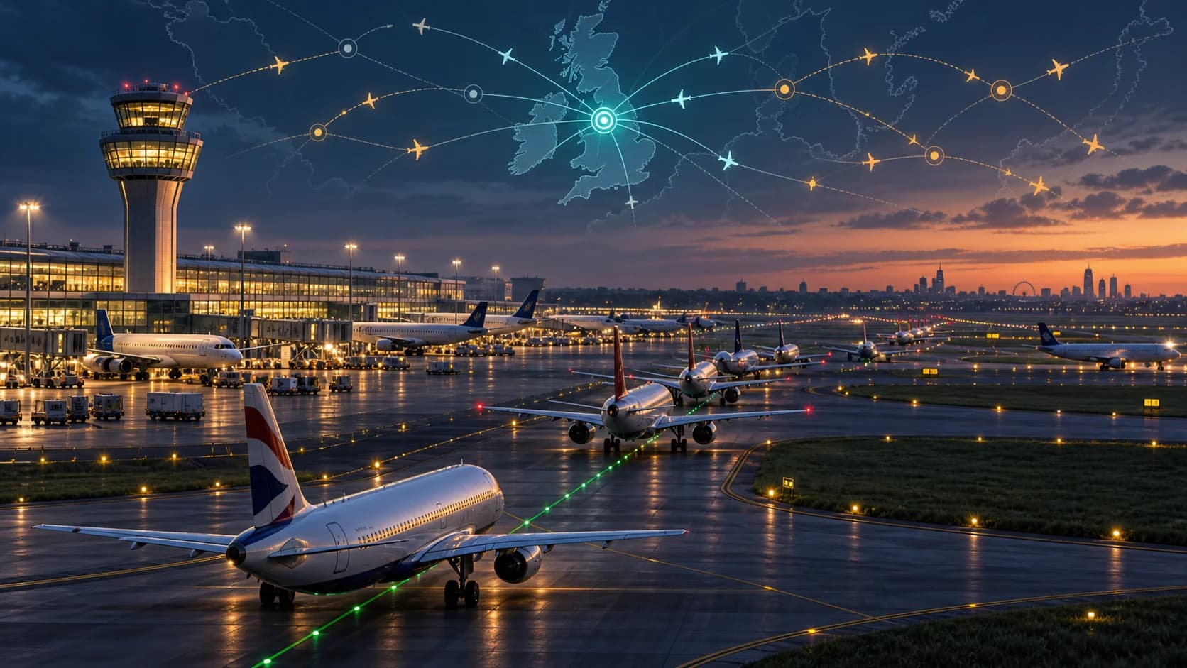 AI-generated conceptual airport illustration: waiting aircraft beneath a network of teal and amber routes; not a photograph of the incident.