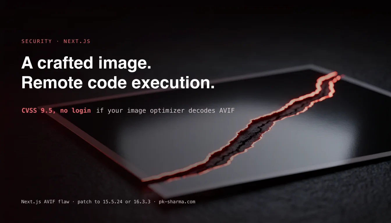 A glossy dark photographic print on a matte surface with a jagged crack glowing red-orange, captioned a crafted image, remote code execution, CVSS 9.5 no login if your image optimizer decodes AVIF