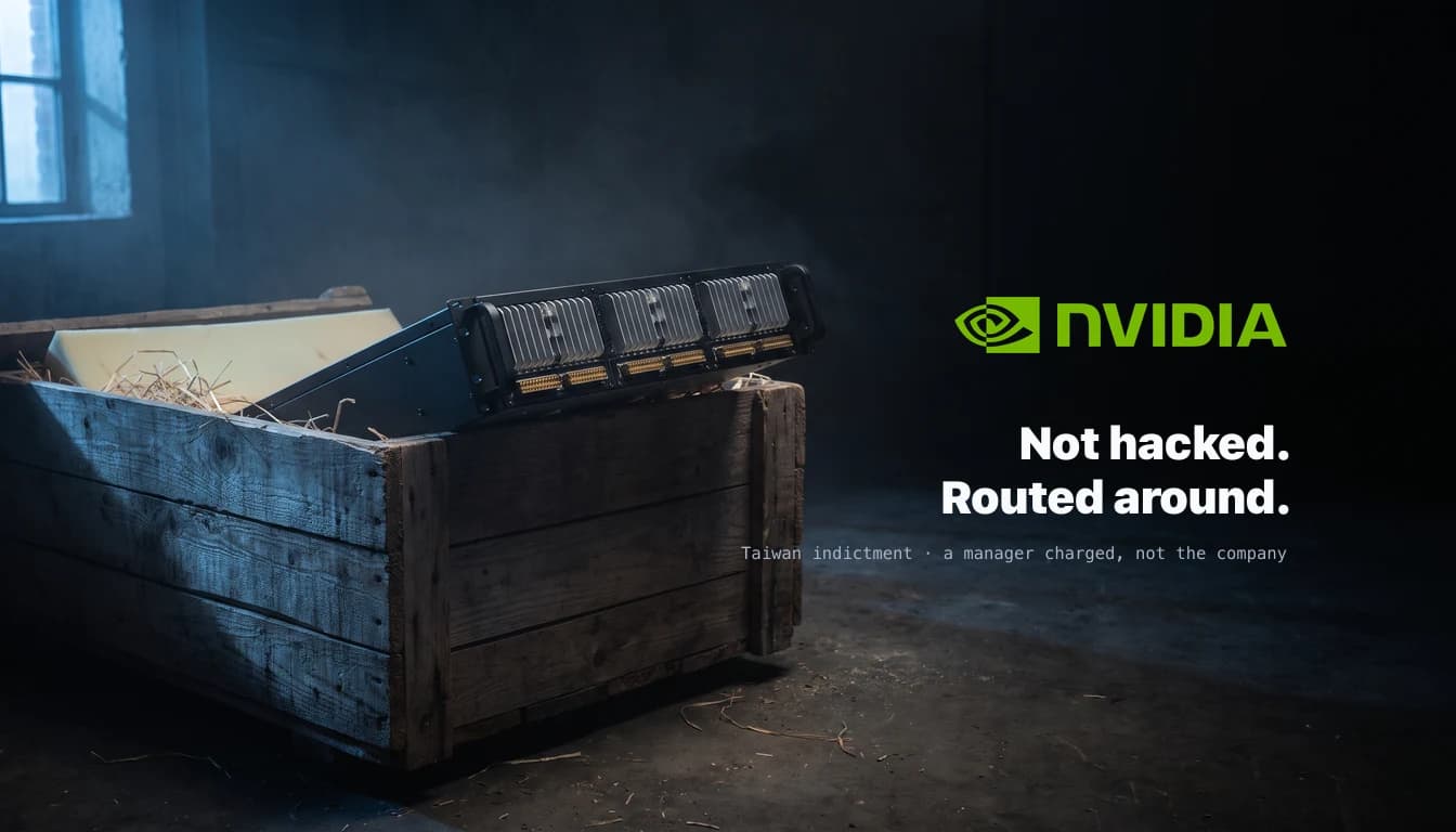 A high-end AI server unit with rows of GPU heatsinks and gold connector pins, half slid out of an opened rough wooden shipping crate packed with straw, in a dark warehouse lit cool blue from the left. In the dark right the NVIDIA logo in its green eye mark and wordmark, above the lines: not hacked, routed around, Taiwan indictment, a manager charged not the company.