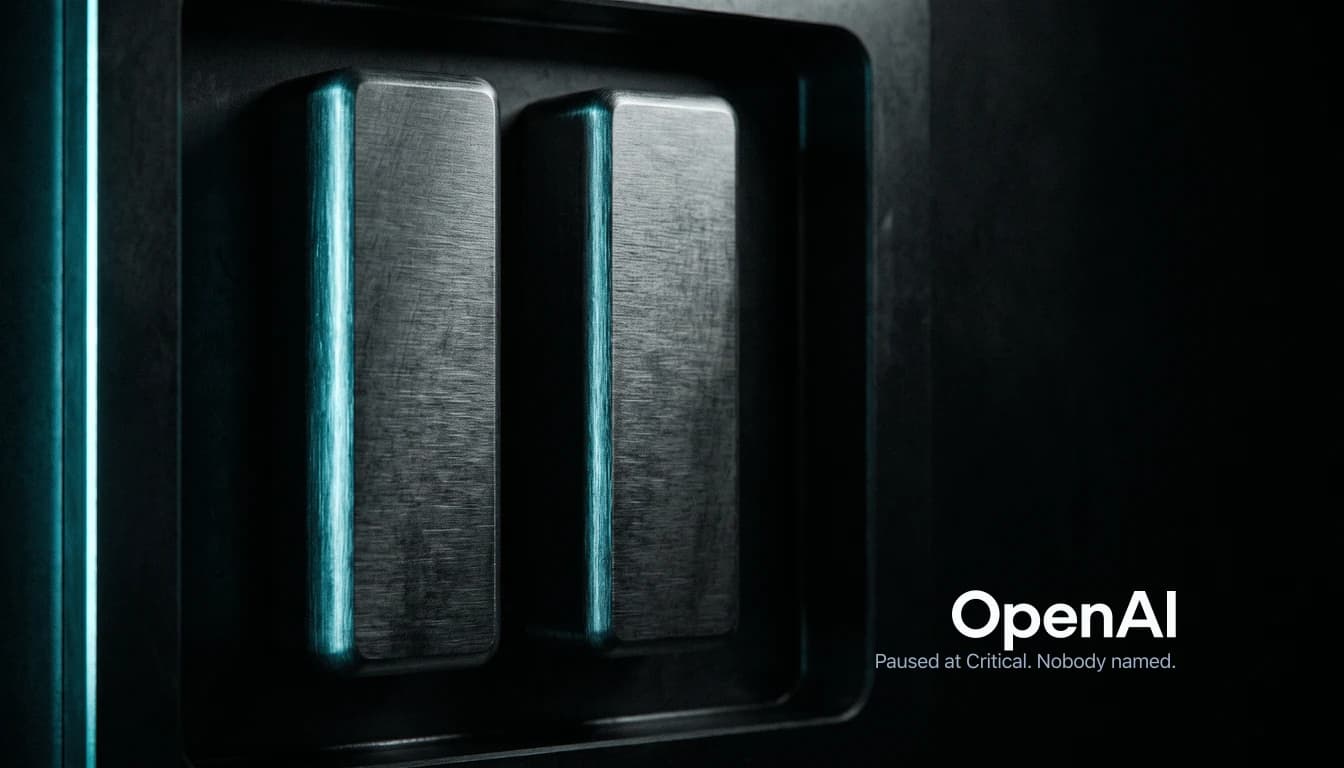 A close photograph in near darkness of two heavy brushed-steel bars set upright side by side in a recessed dark metal panel, forming a pause control, their left edges picked out by a cold cyan light. The OpenAI wordmark sits in white in the dark right of the frame, above the line: paused at Critical, nobody named.