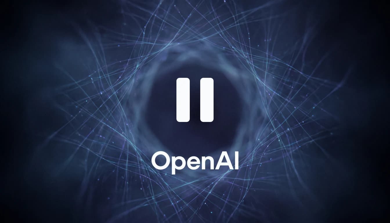 A dark indigo field crossed by fine glowing cyan and violet filaments that open into a calm dark centre. In that centre sits a large white pause symbol, two rounded vertical bars, above the OpenAI wordmark in white.