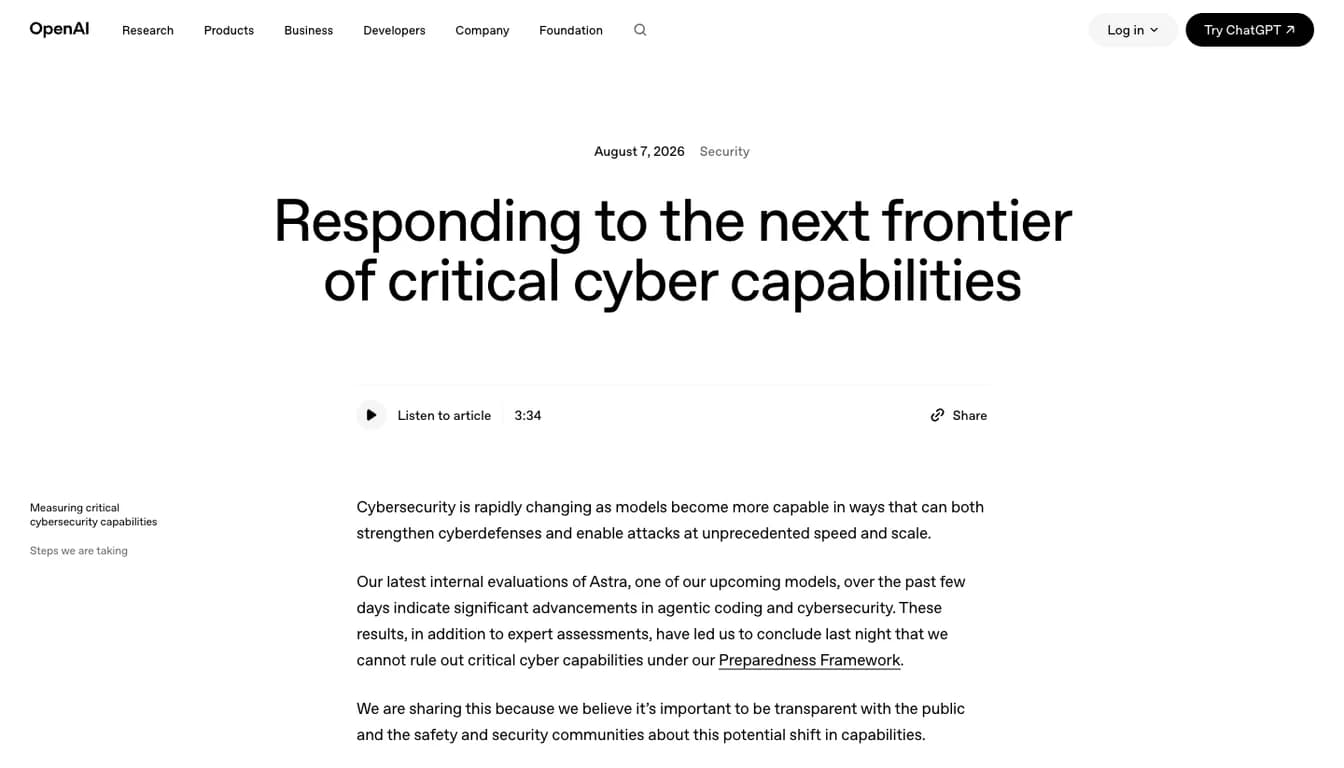 A screenshot of OpenAI's post of 7 August 2026. The OpenAI wordmark sits top left, then the date August 7 2026 and the category Security, then the headline Responding to the next frontier of critical cyber capabilities, then the paragraph concluding that OpenAI cannot rule out critical cyber capabilities under its Preparedness Framework.