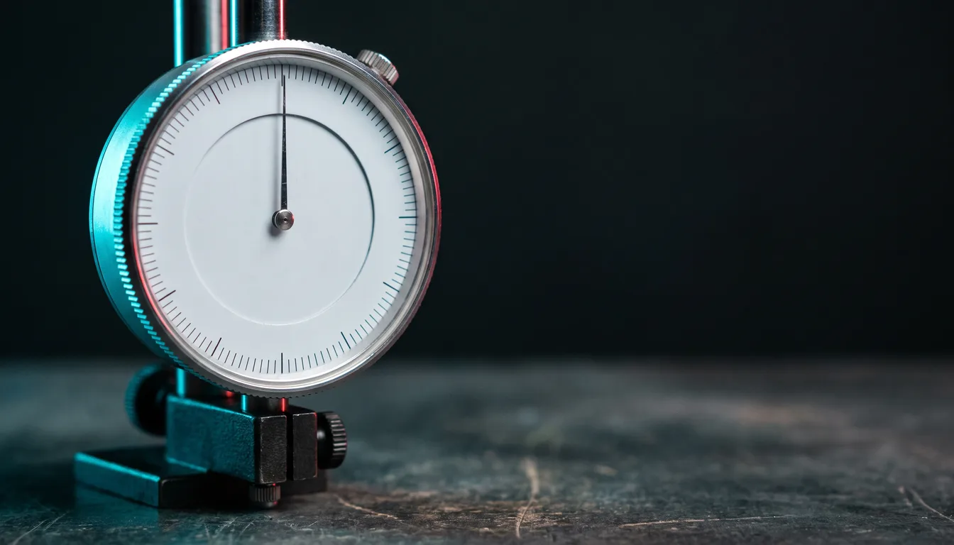 A precision dial indicator gauge on a metal stand, its plain white face carrying no numerals and its needle resting at rest, macro close-up on an empty dark workbench, rimmed in cyan and crimson light.